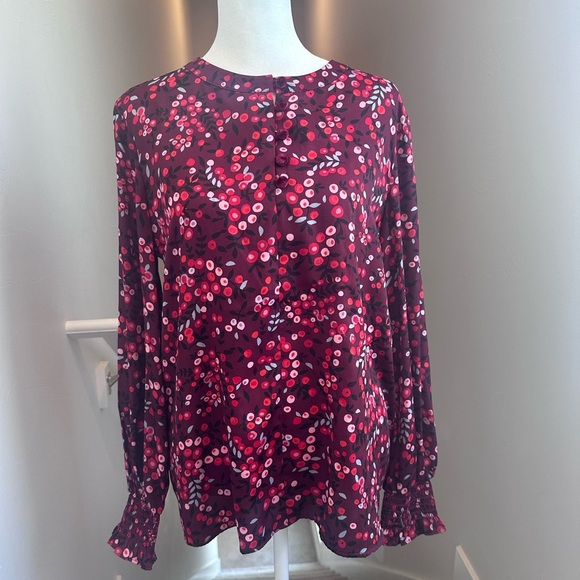 LOFT Blouse Top Velvet Buttons Red & Pink Floral with Cuffed Sleeves Small - Picture 1 of 7